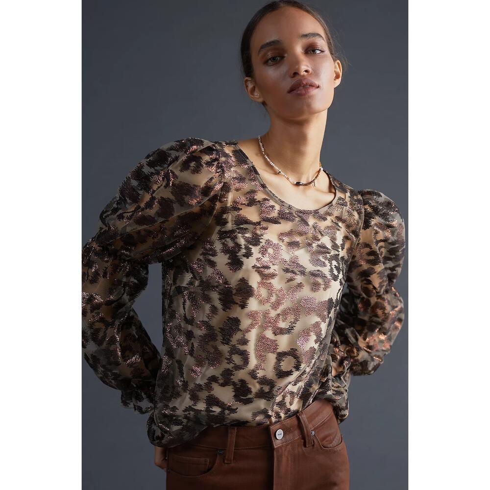 ANTHROPOLOGIE EVA FRANCO NWT Sheer Leopard Puff-Sleeve Blouse in Black/Copper M